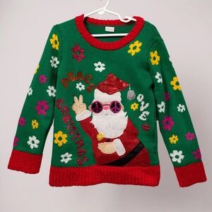 Holiday Time Kids Ugly Christmas Sweater Santa Peace Love Green Size S 6/6X
